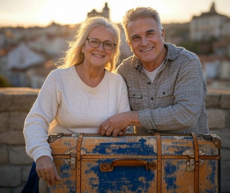 Smiling senior couple outdoors with a vintage suitcase.