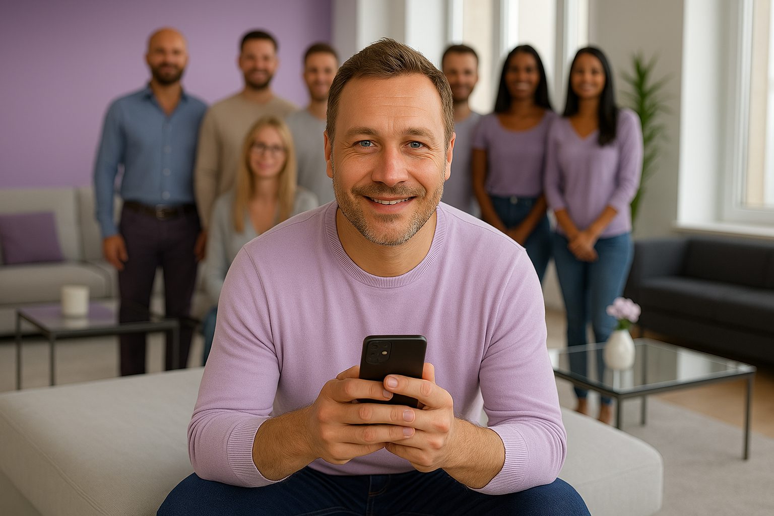 Smiling man holding a smartphone with a group of colleagues standing behind him in a modern office.