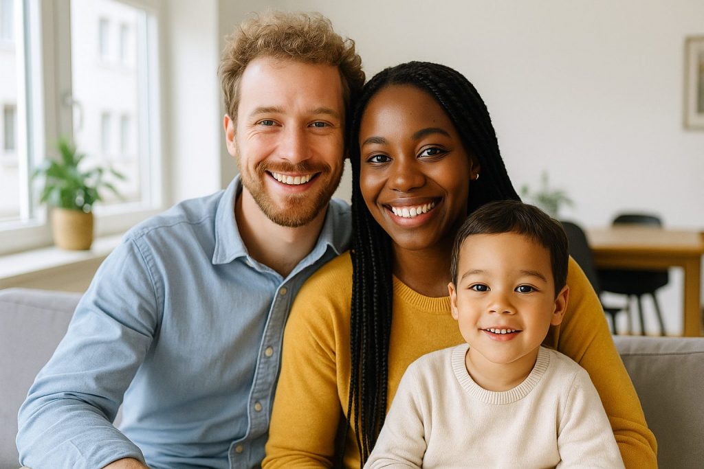 A smiling international family of three sitting closely together in a bright living room. The parents and their young child look happy and relaxed, with natural daylight coming through the window behind them.