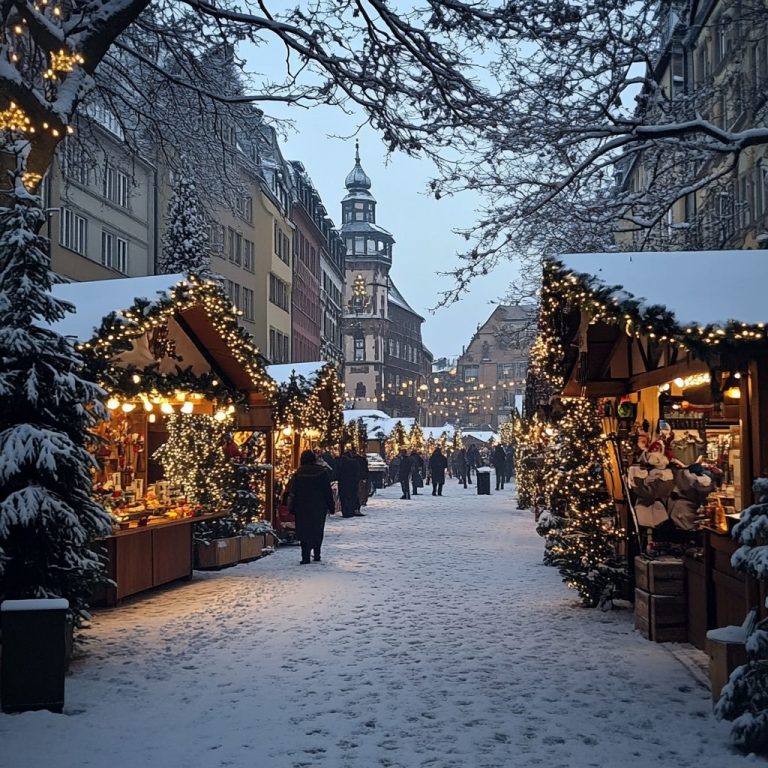 now-covered Christmas market with decorated stalls and festive lights in a historic European town.