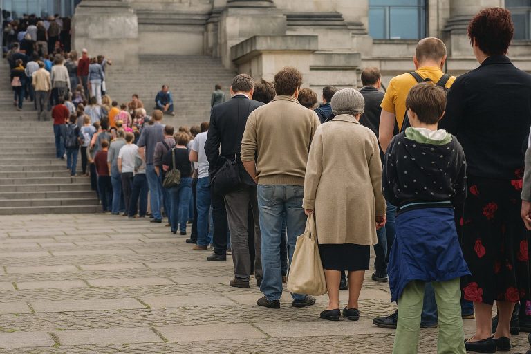 A long line of people standing in a queue outdoors.