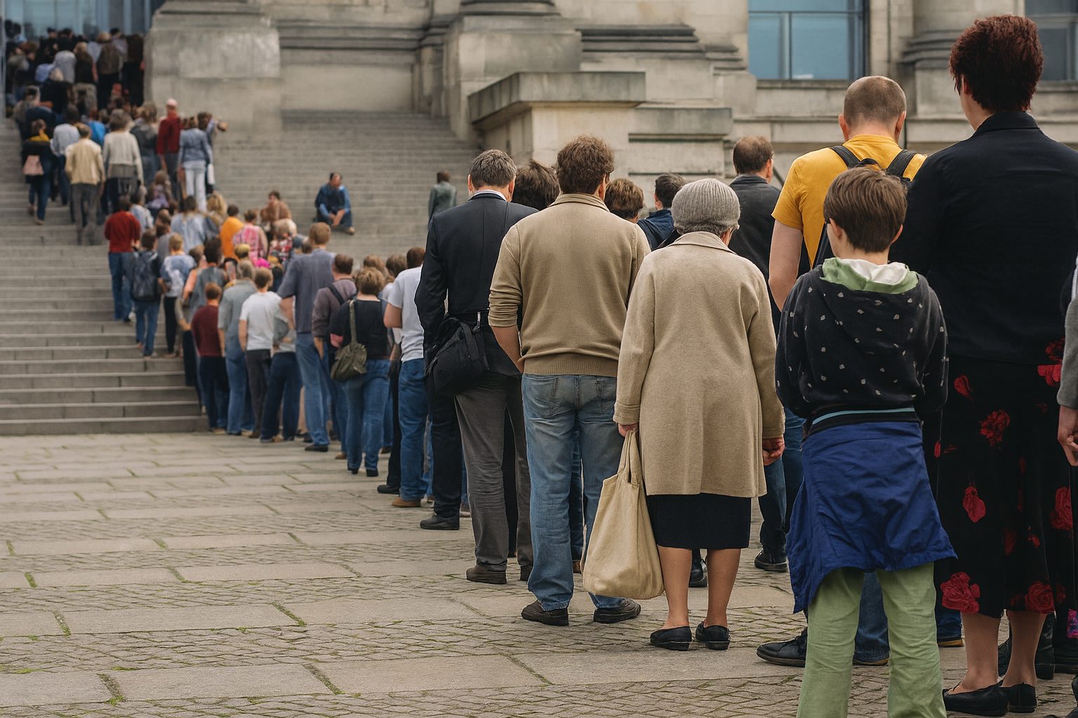 A long line of people standing in a queue outdoors.