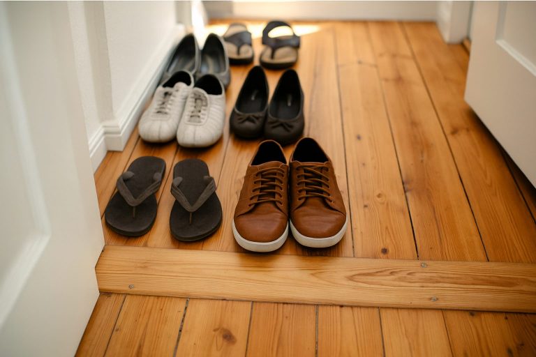 Five pairs of shoes in front of an apartment door in the stairwell.