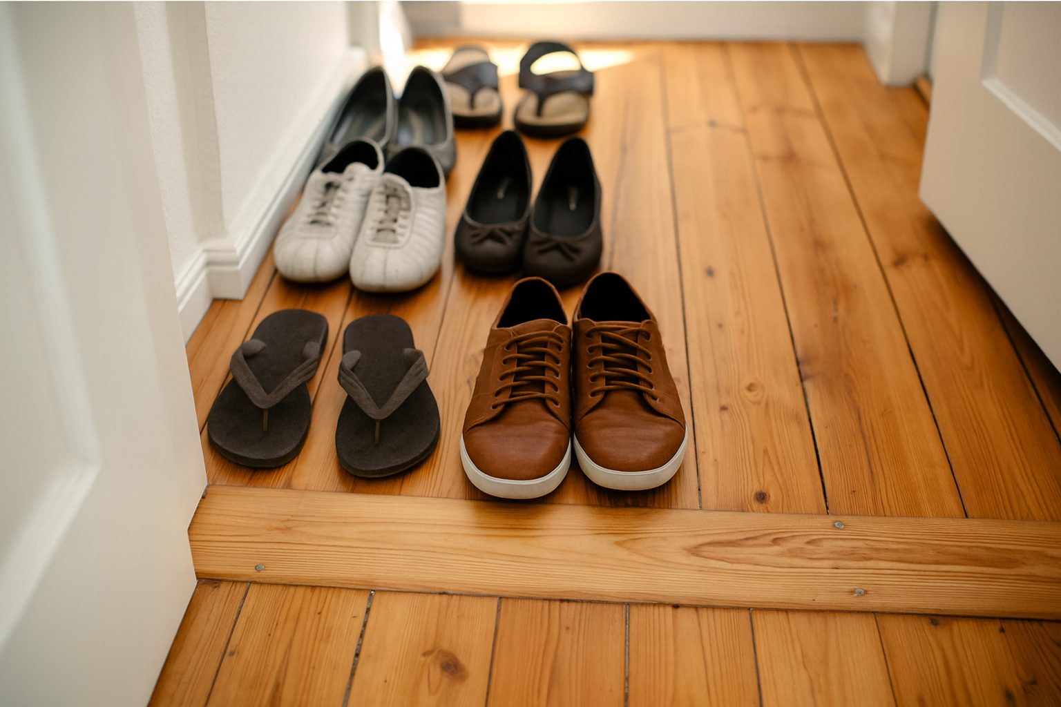 Five pairs of shoes in front of an apartment door in the stairwell.