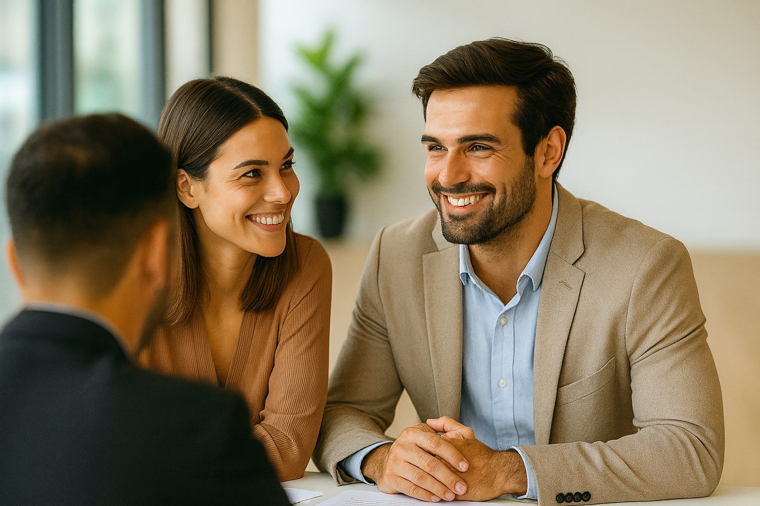 A smiling couple in a consultation with a professional advisor. The advisor is seen from behind in the foreground, while the couple, sitting across the table, look happy and engaged in a bright, modern office with natural light.